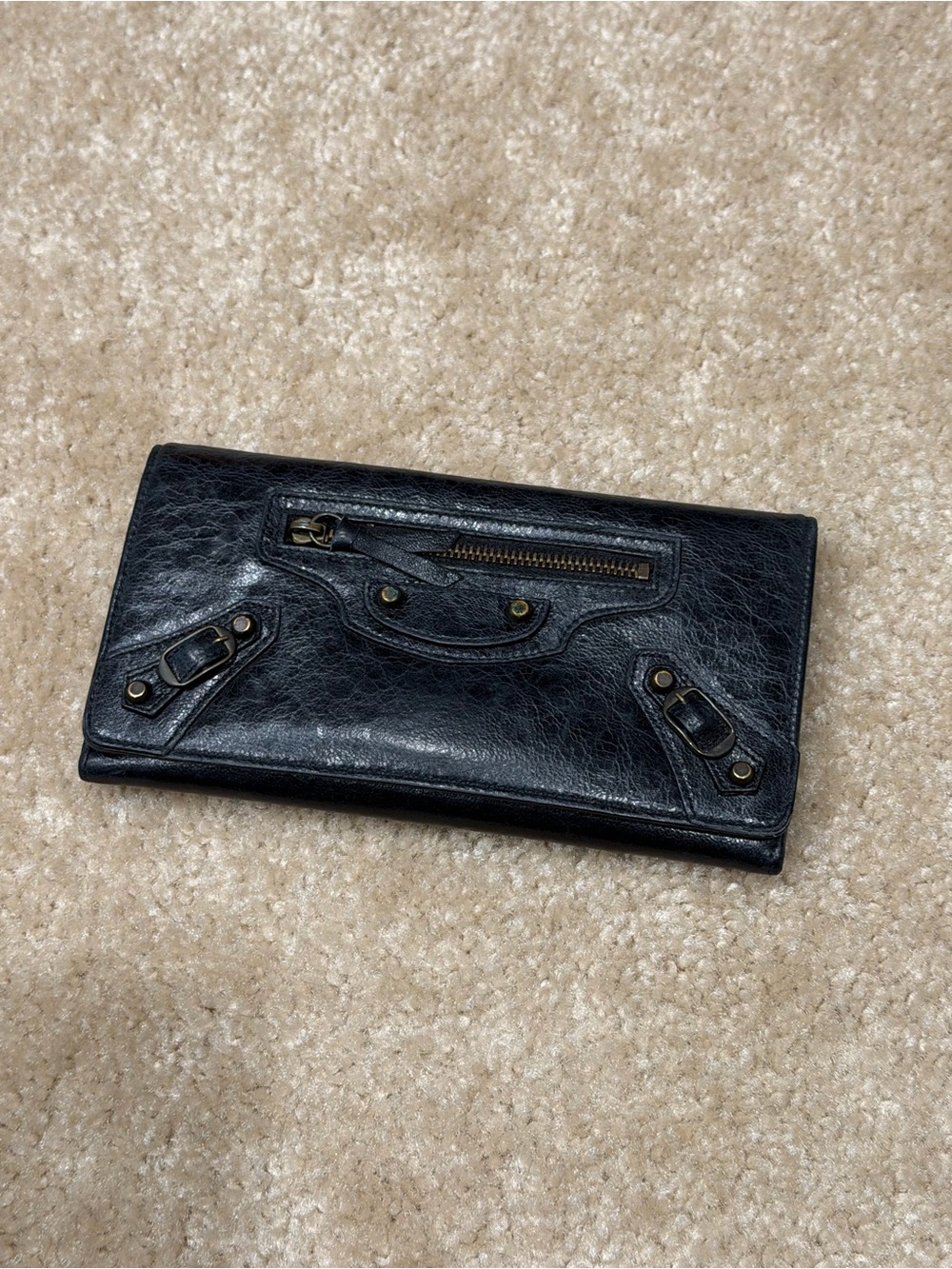 Balenciaga Black Textured Leather Long Wallet with Brass Hardware